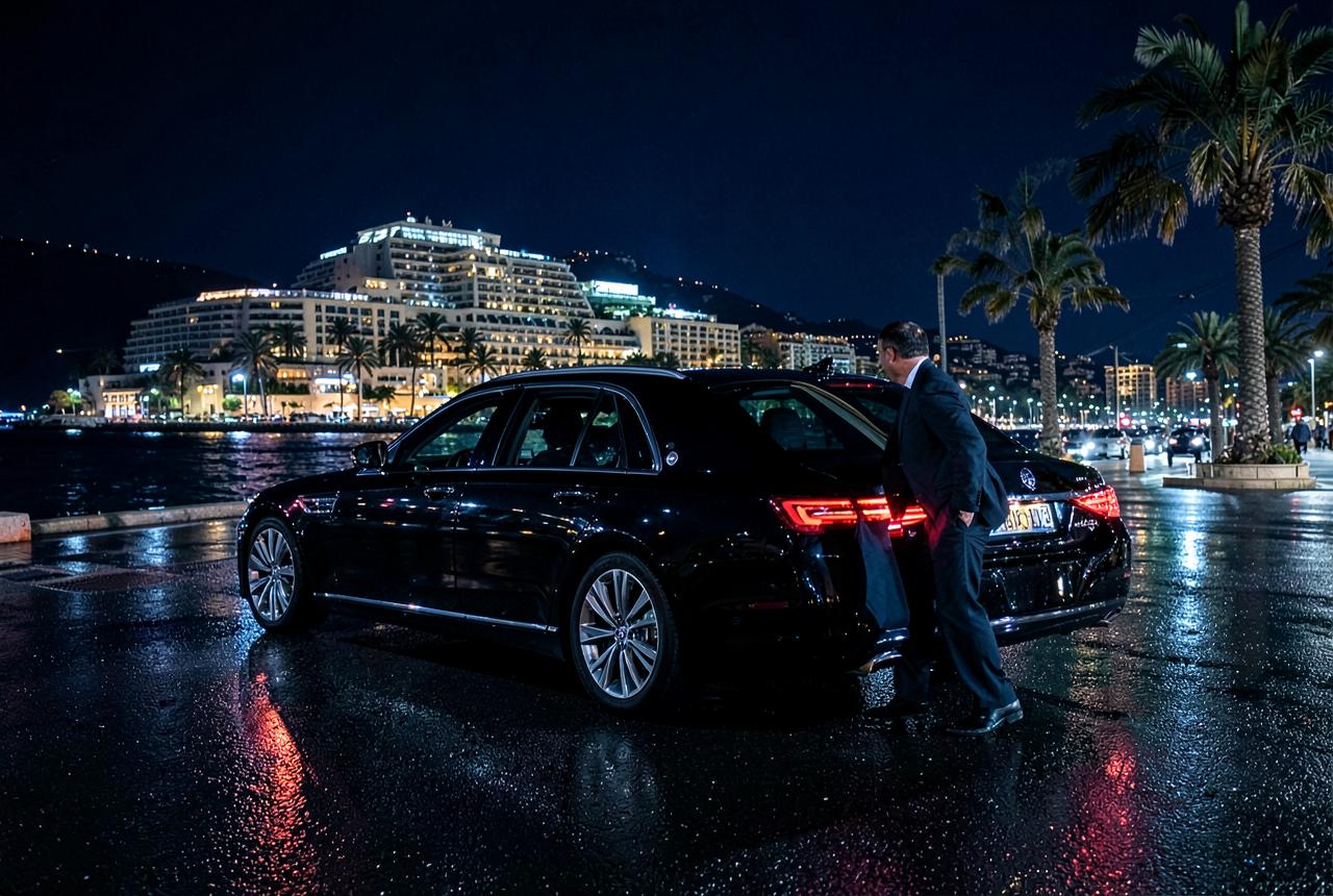 Black chauffeur sedan waiting at night on the Croisette in Cannes with a chauffeur at the rear door
