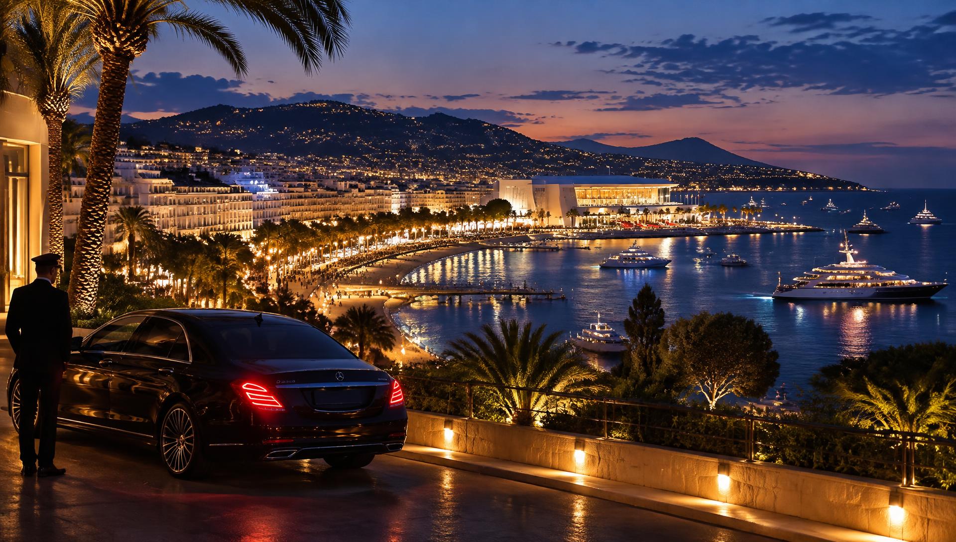 Twilight over Cannes with the illuminated Croisette, Palais des Festivals, yachts offshore and a black chauffeur car waiting