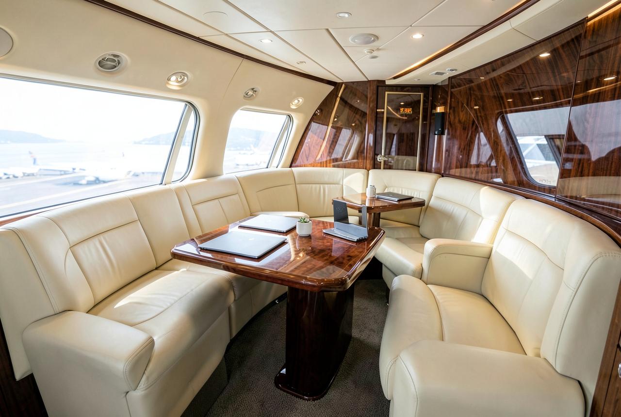 VIP airliner executive cabin with cream leather club seating and polished tables