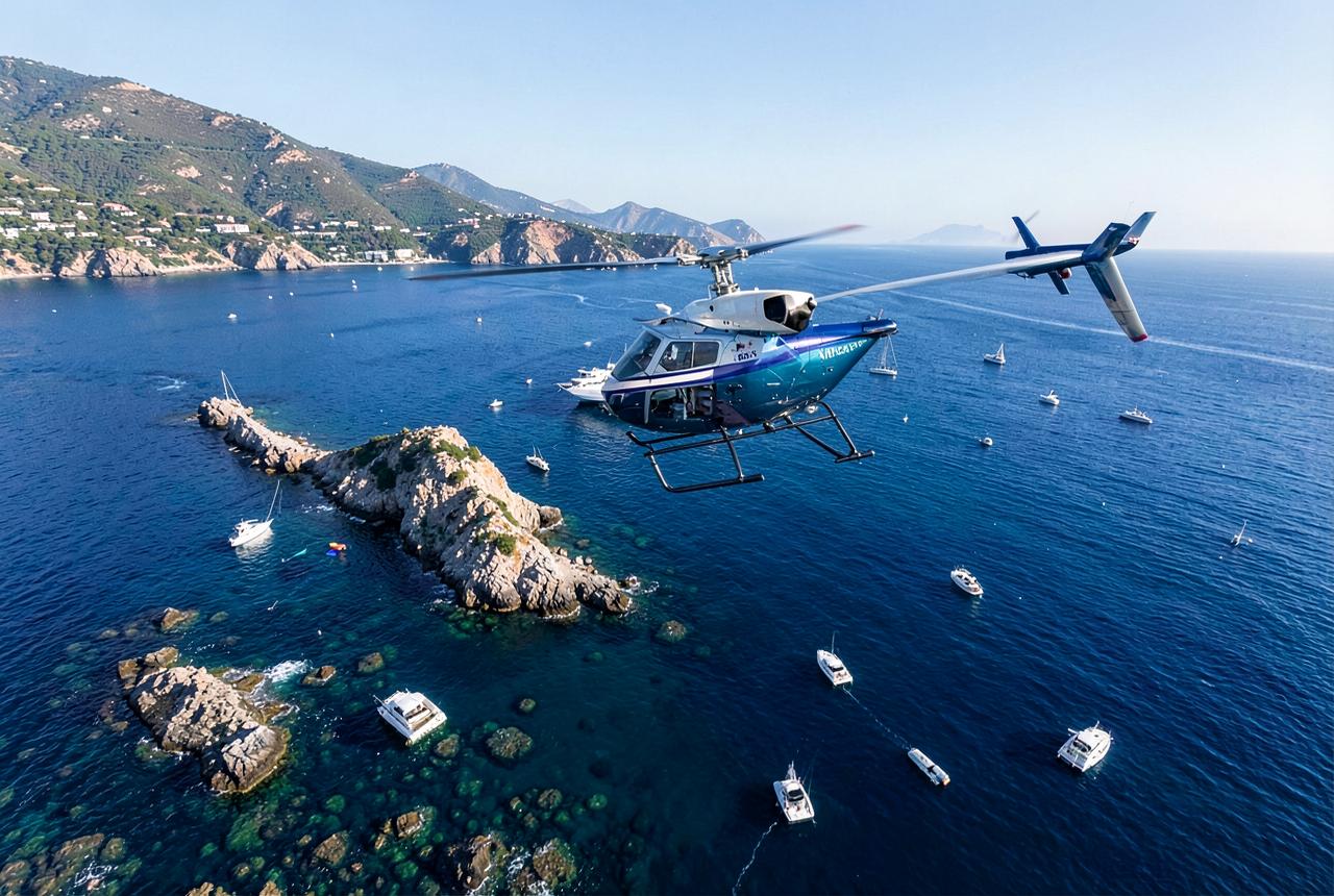 Private helicopter flying along the French Riviera coastline above the Mediterranean