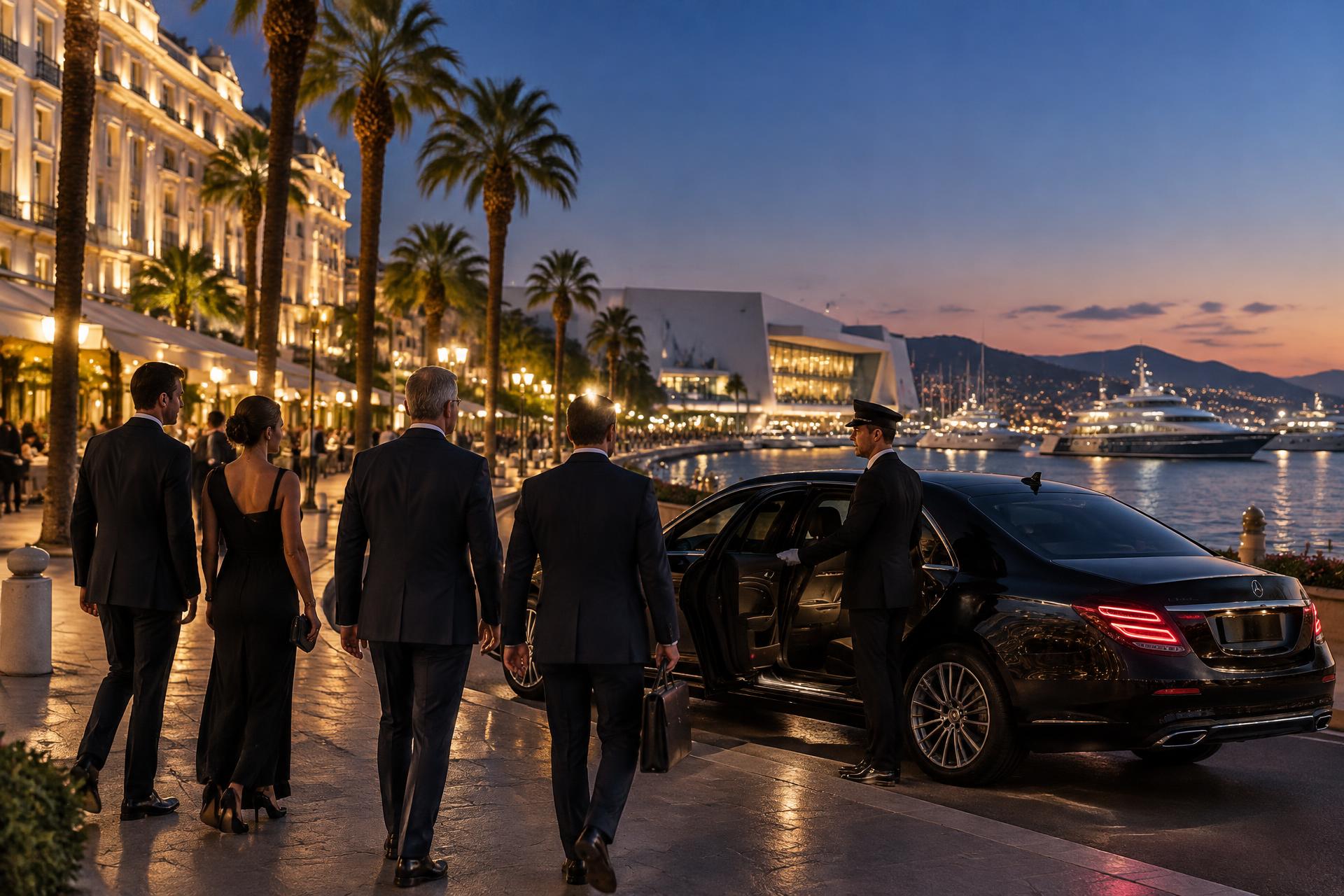 Executives walking toward a waiting black chauffeur car on the Croisette in Cannes at early evening, with the Palais des Festivals and superyachts beyond