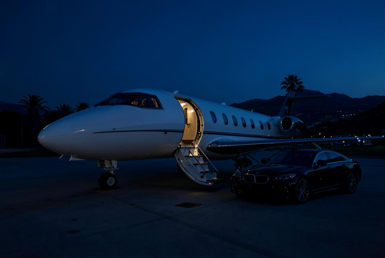Private jet on a French Riviera apron at dusk with a black sedan waiting beside the aircraft