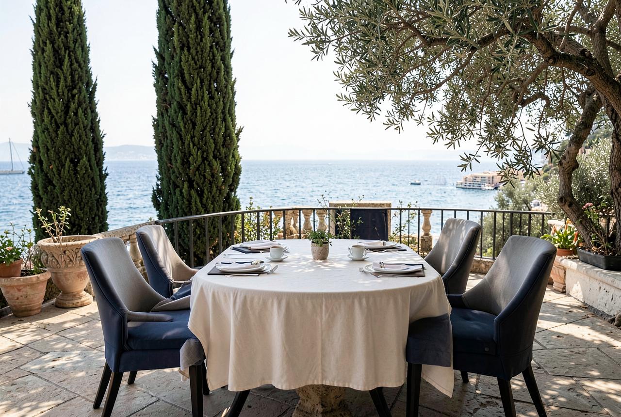 Private seaside terrace set for a small meeting with linen, notebooks and espresso overlooking the Mediterranean