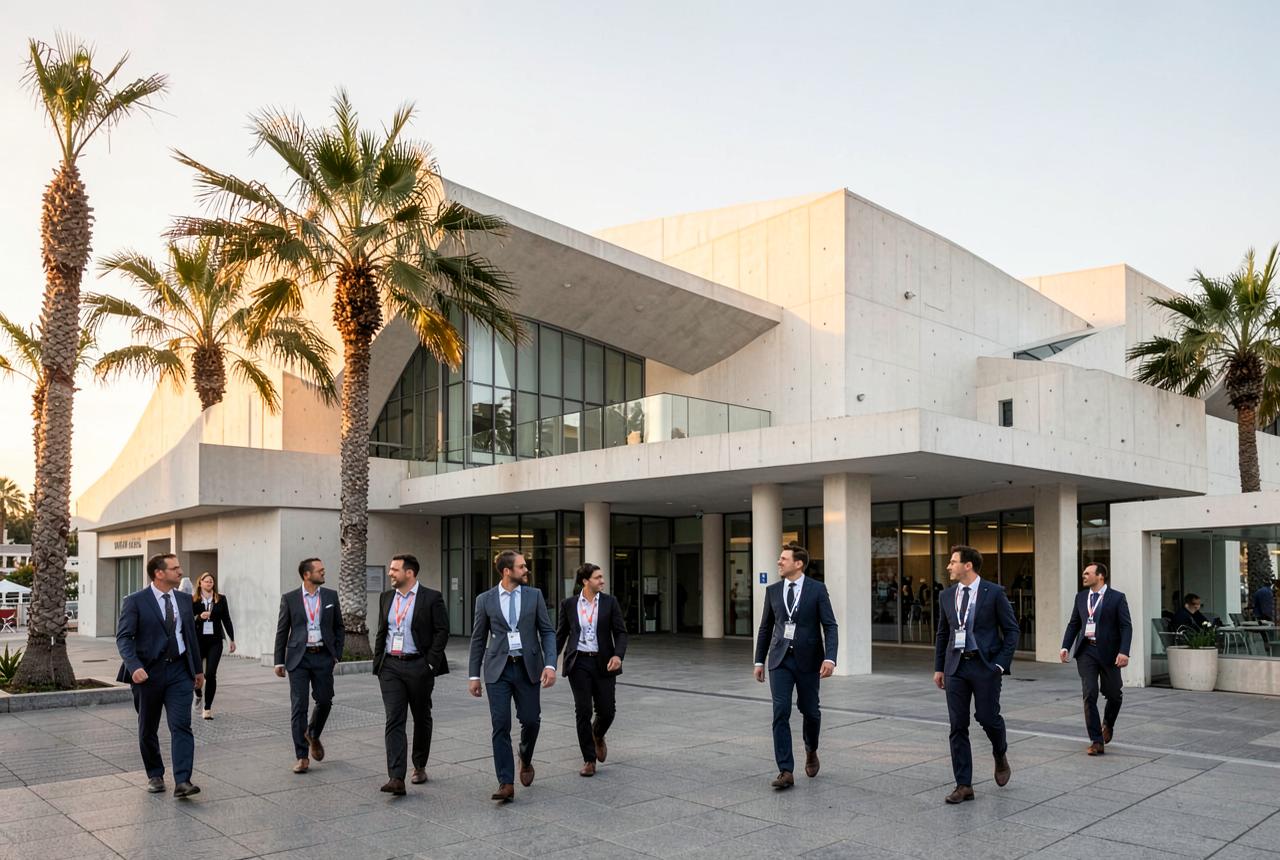 The Palais des Festivals congress centre in Cannes at golden hour with business delegates walking outside