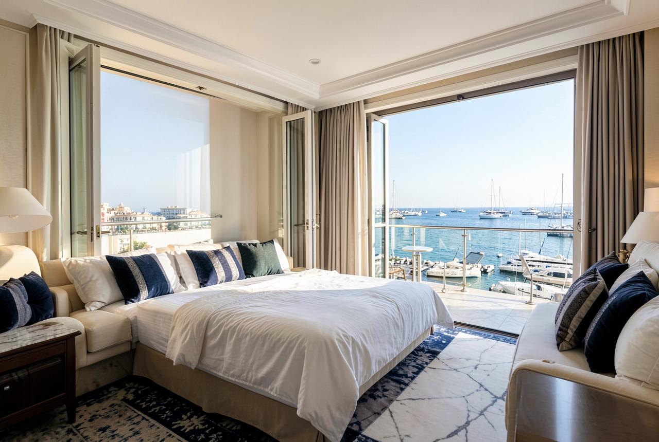 Croisette hotel suite in Cannes with balcony doors open to the Mediterranean and moored yachts