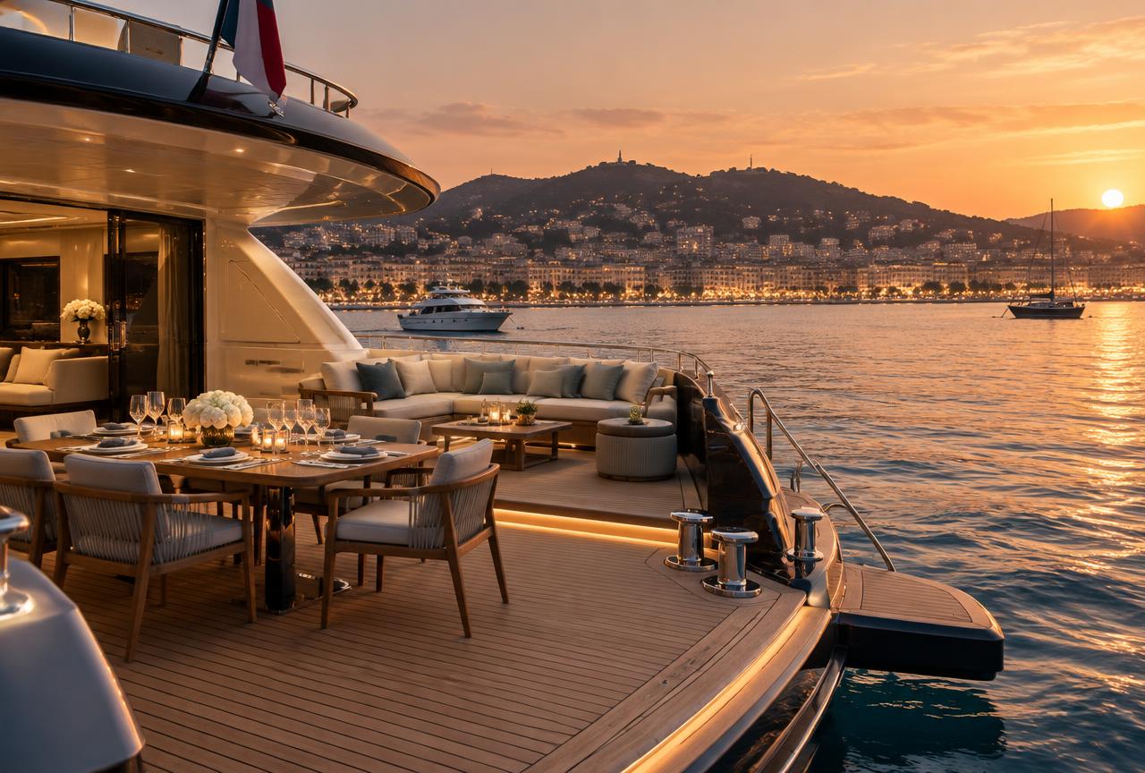 Superyacht anchored off Cannes at golden hour with a set table on the teak aft deck