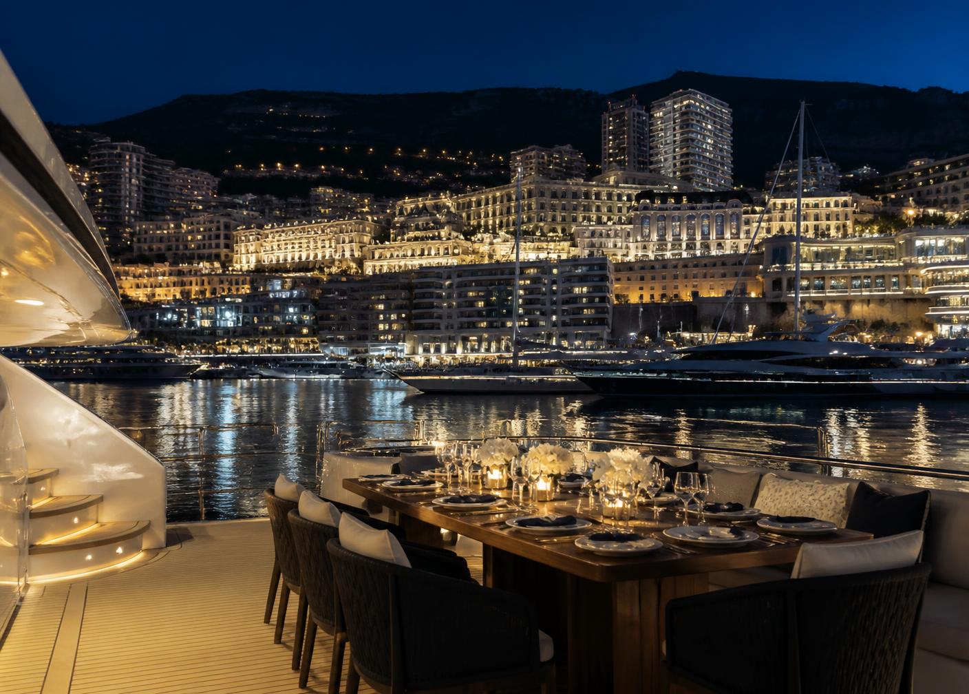 Private dinner set on a superyacht deck with the Monaco skyline behind