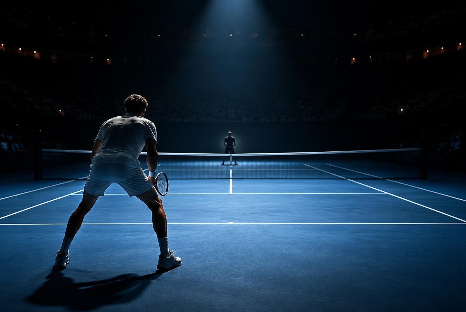 Two anonymous players beneath a spotlight on a blue indoor court