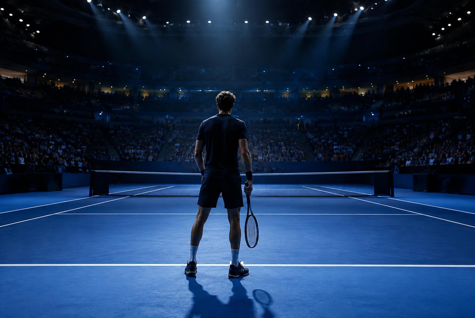 Anonymous player facing an illuminated blue indoor tennis court