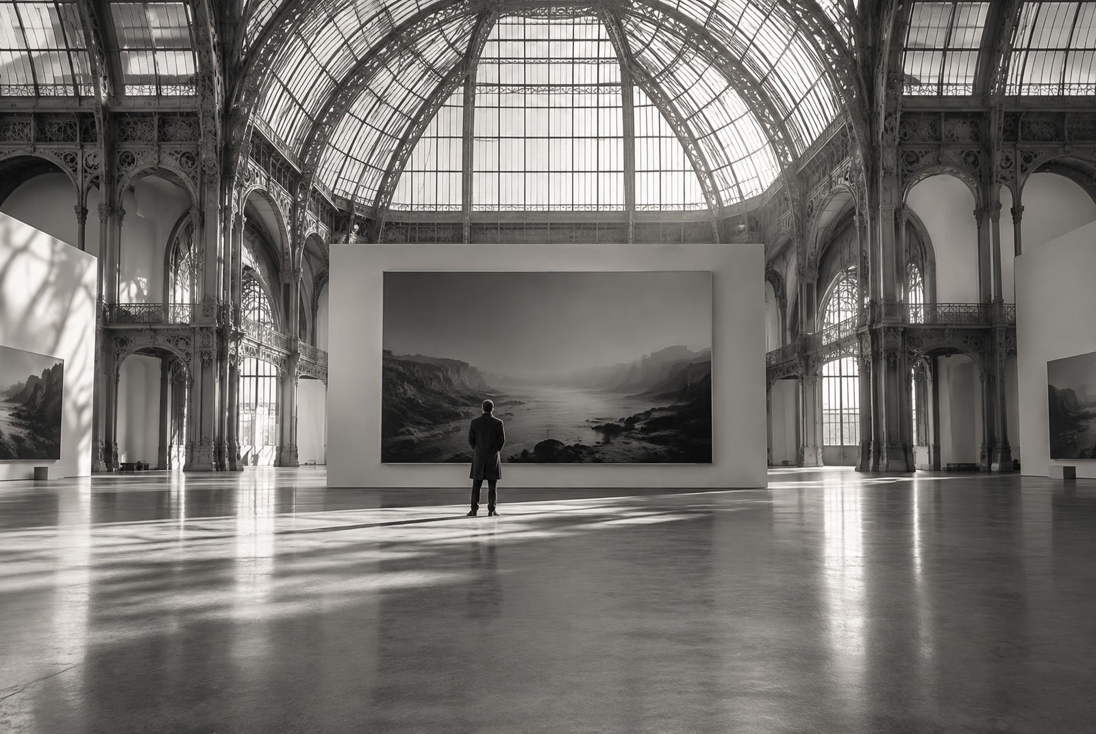 A collector viewing a monumental photographic work beneath a glass roof