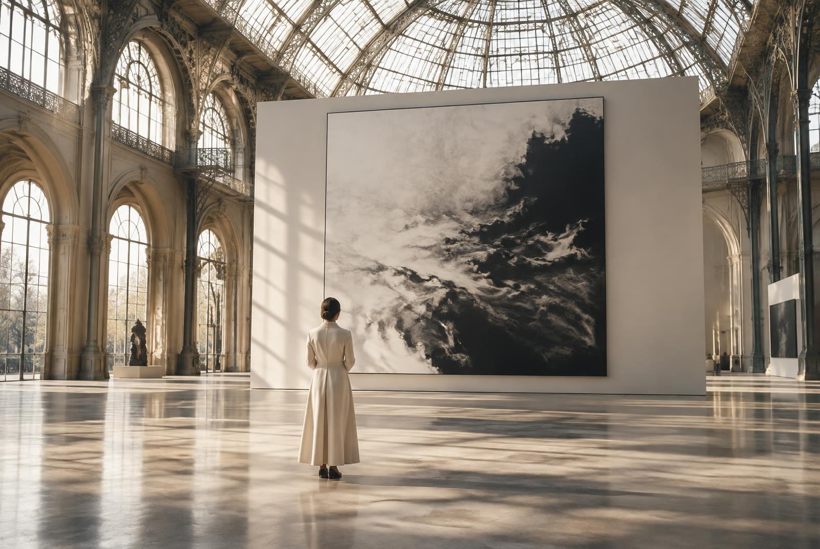 Collector viewing a monumental photographic work beneath a glass exhibition roof