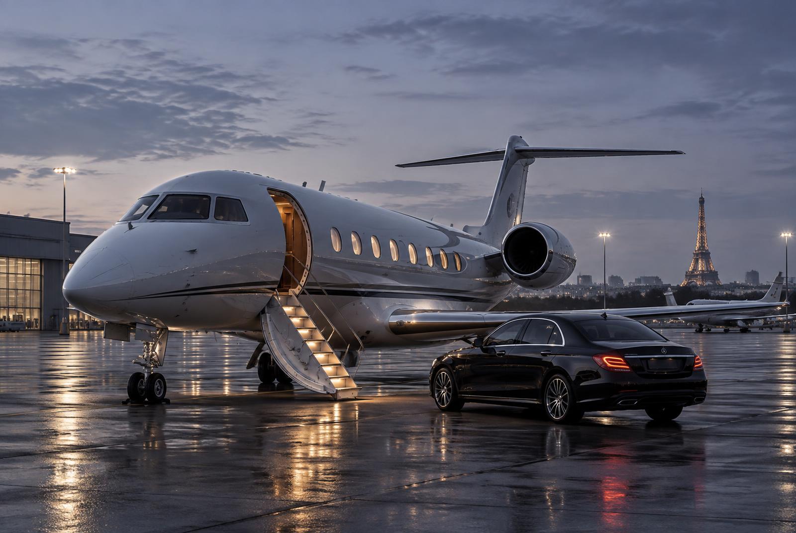 Private aircraft and chauffeur vehicle at Paris Le Bourget