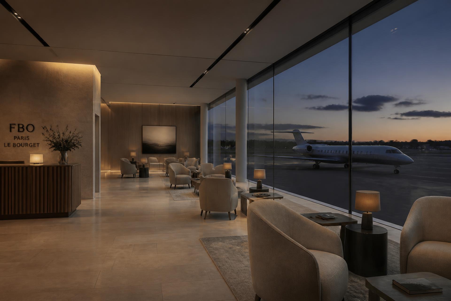 Business aviation terminal apron at dusk with a waiting private aircraft