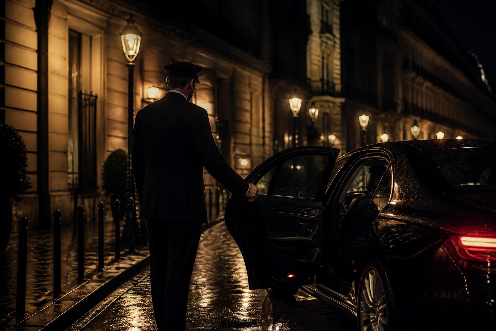 Chauffeur holding open the rear door of a black saloon on a Parisian street