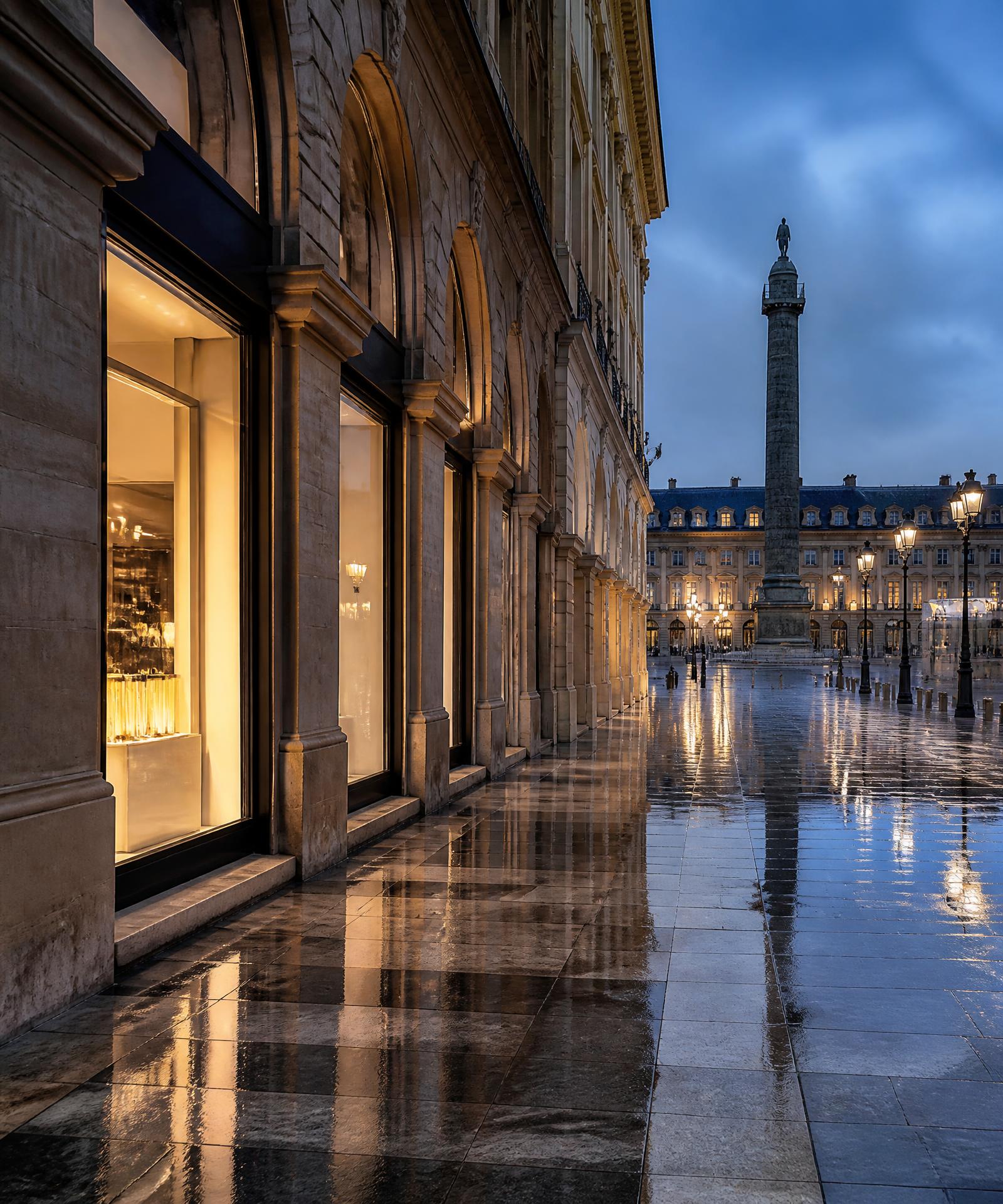 Parisian boulevard of luxury boutiques at night