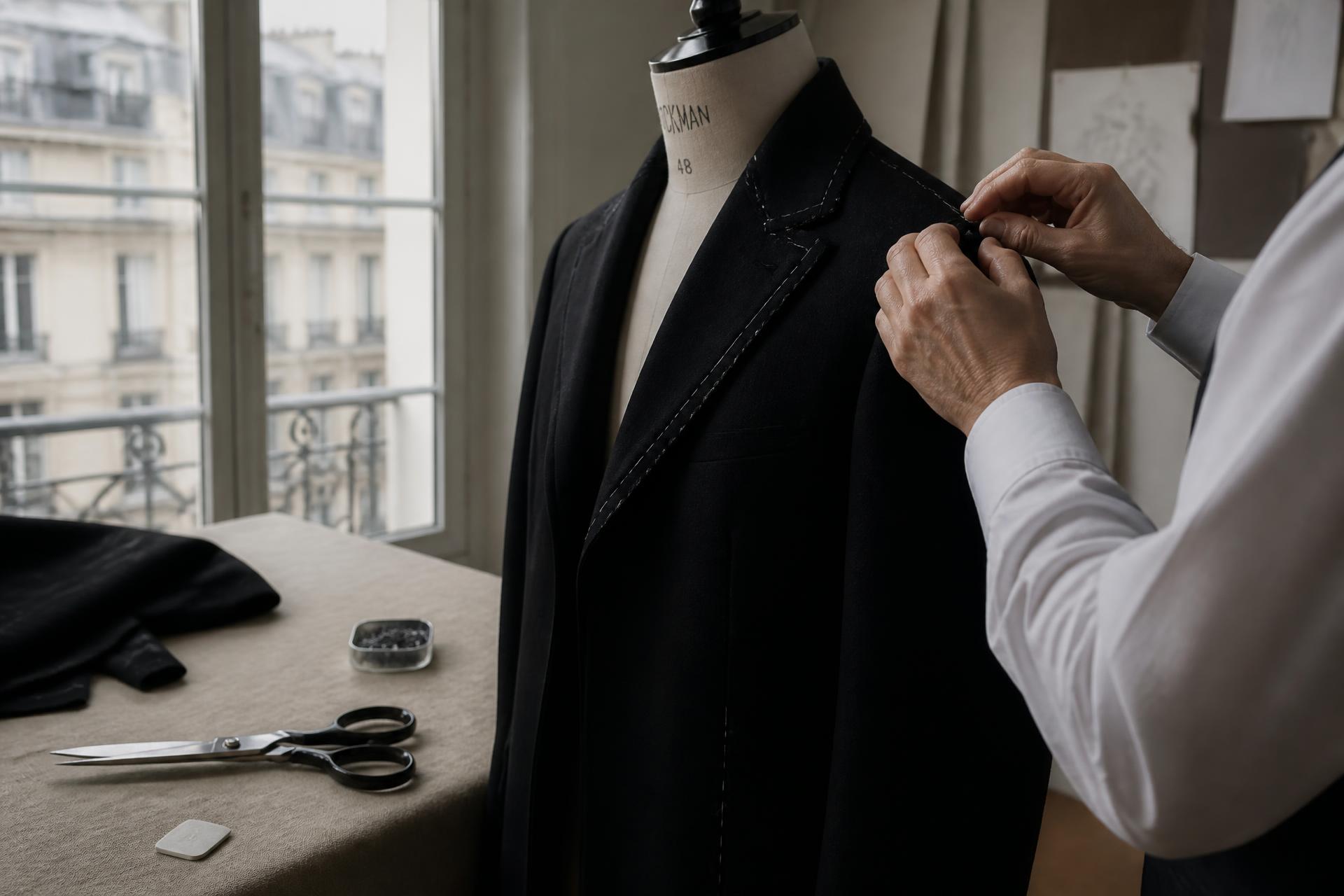 Atelier fitting room with a tailor adjusting a garment on a mannequin