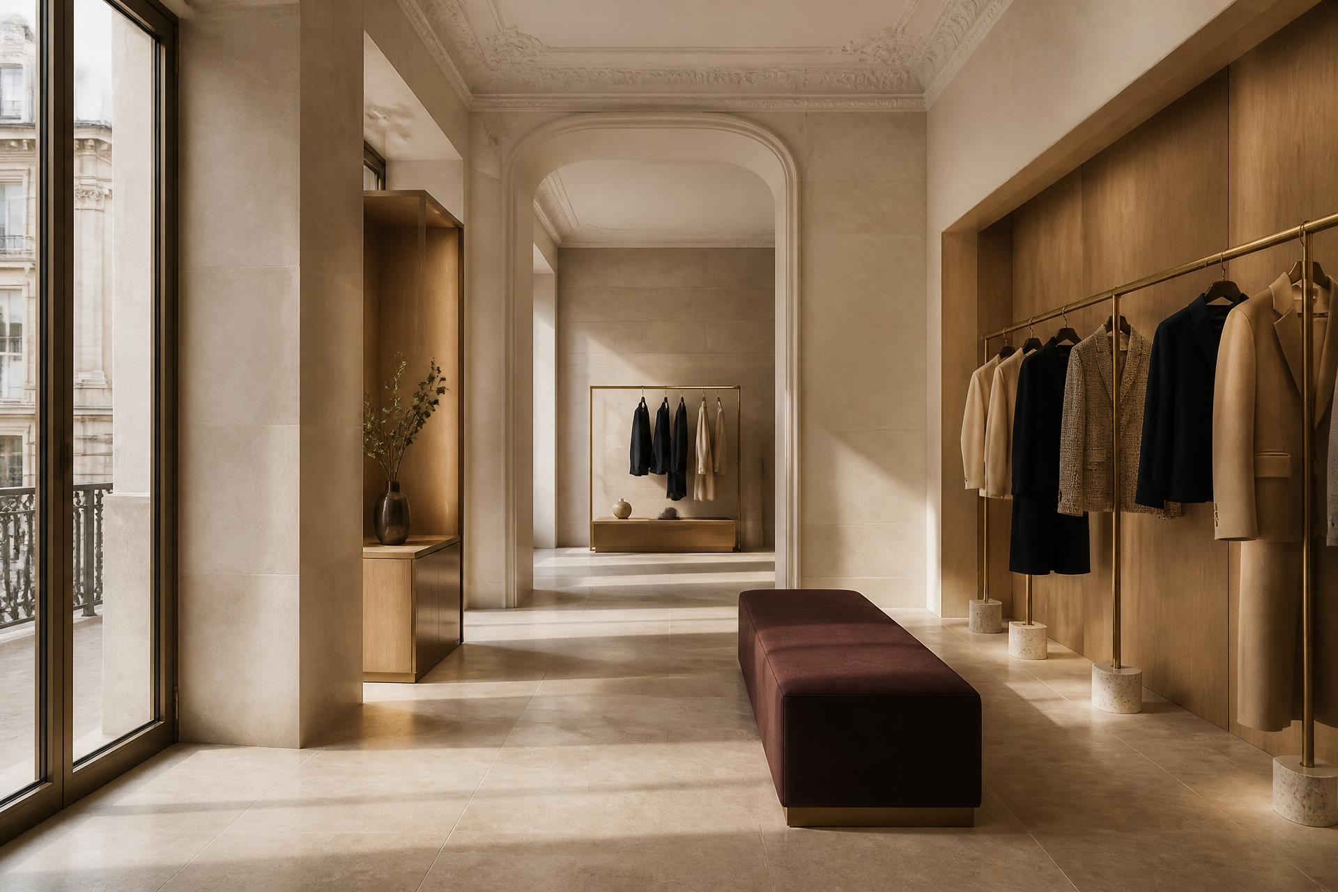 Private boutique salon in Paris with garments presented on a rail
