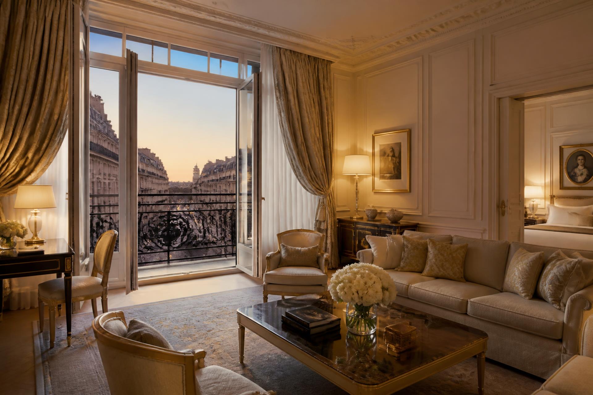 Suite interior in a Parisian luxury hotel with tall windows onto a boulevard