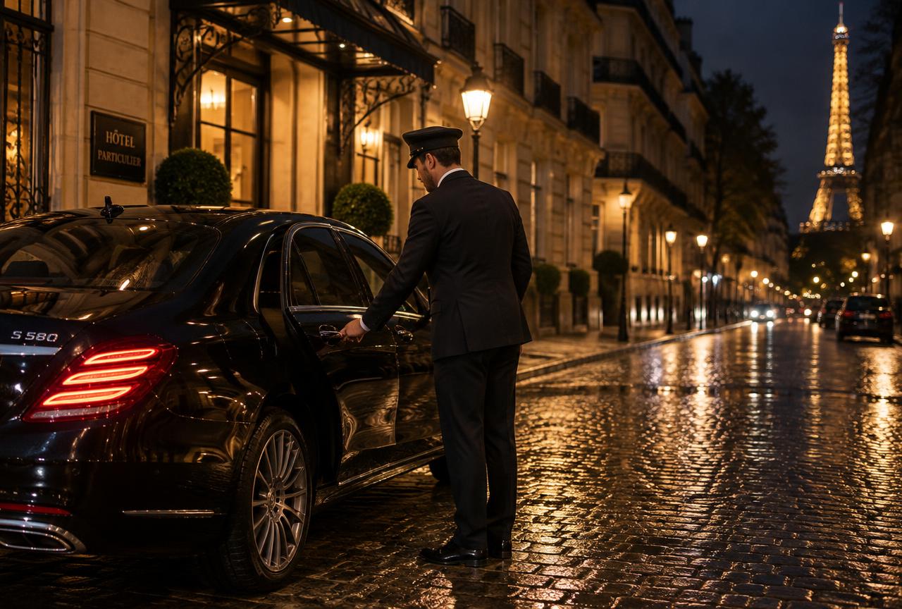 Chauffeur closing the rear door of a black luxury sedan on a wet Parisian street