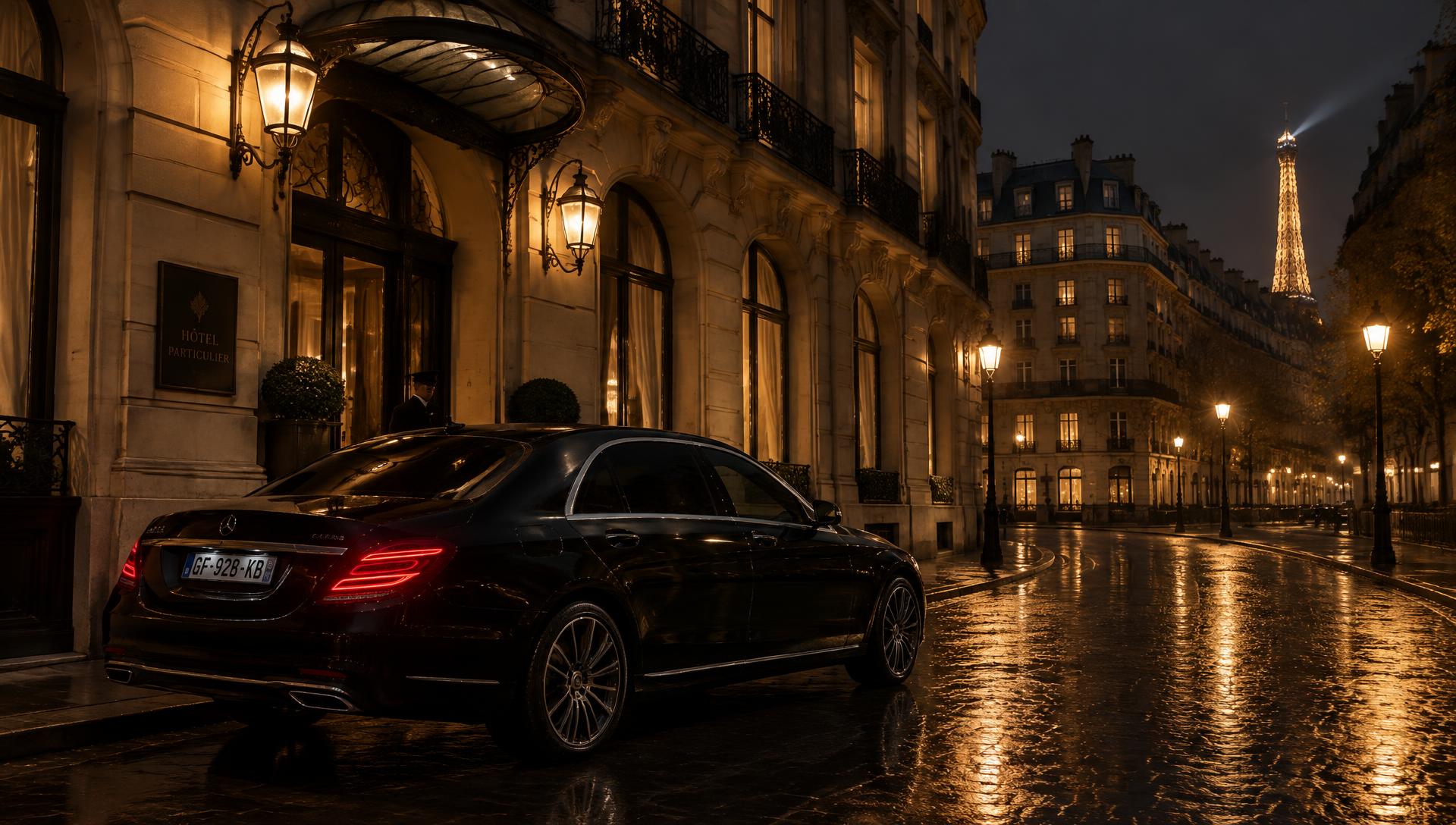 Black luxury sedan parked at night beneath Parisian Haussmann architecture