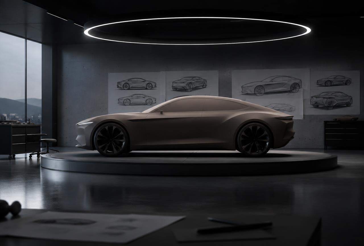 Automotive design studio with a clay concept car silhouette and design sketches