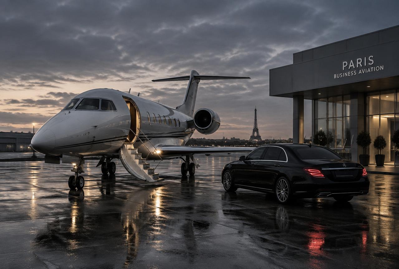 Private jet and black sedan waiting on the apron at a Paris business aviation terminal
