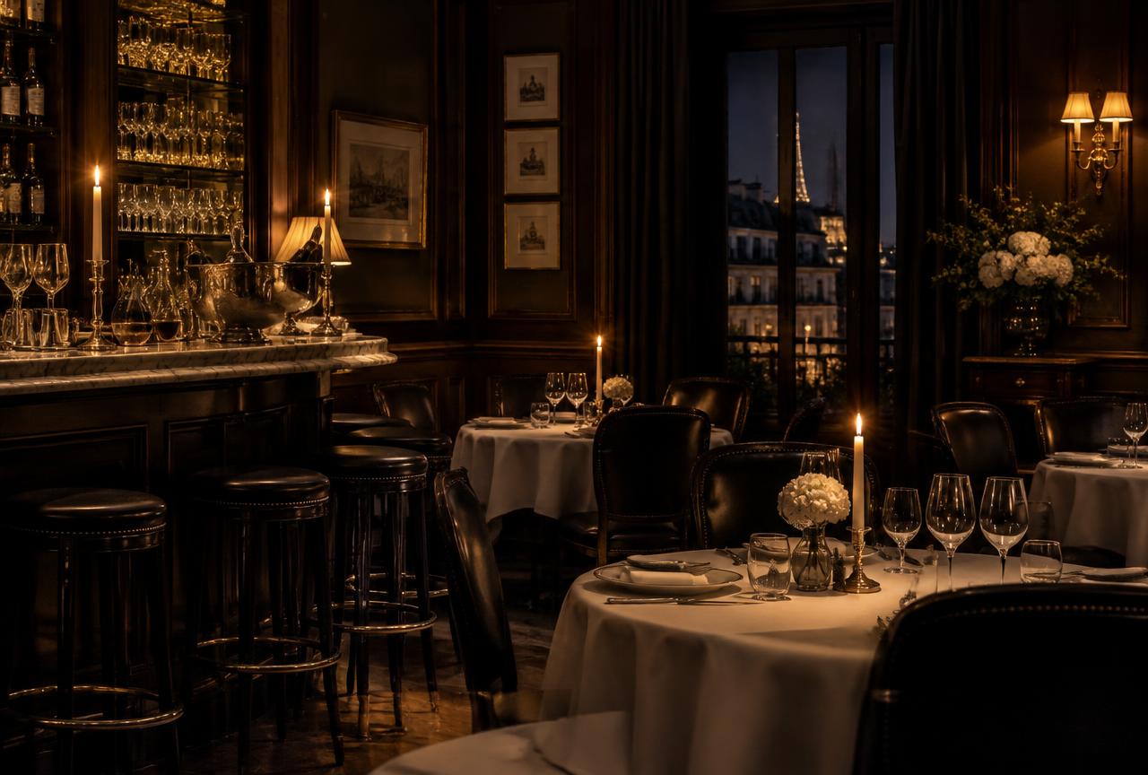 Candlelit Parisian dining room with dark panelling and a marble bar at night