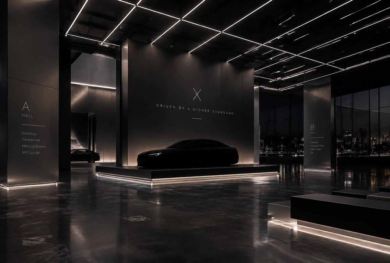 Dark exhibition hall with overhead lighting and a car on an illuminated display plinth