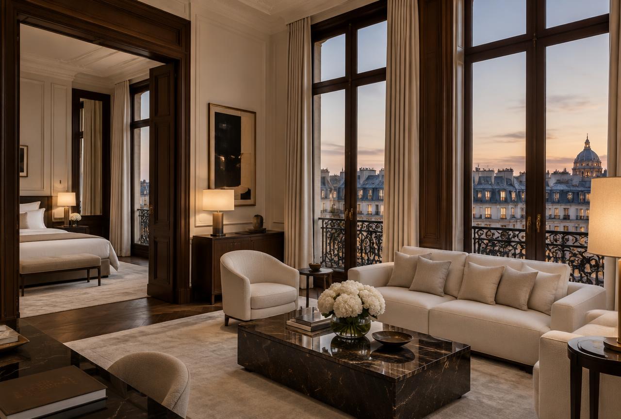 Paris palace hotel suite with tall windows overlooking Haussmann rooftops
