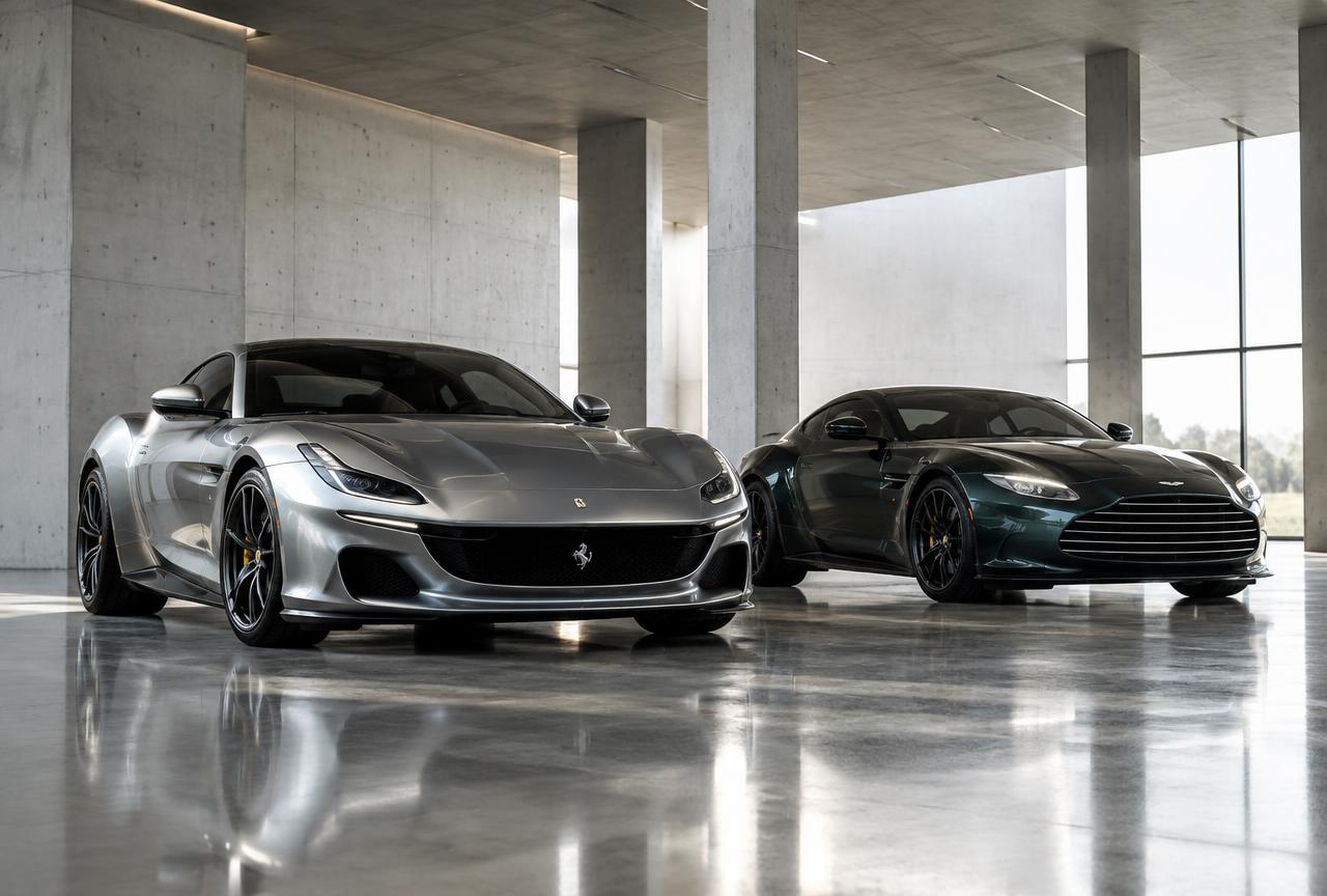 Silver and deep green performance cars parked inside a concrete showroom