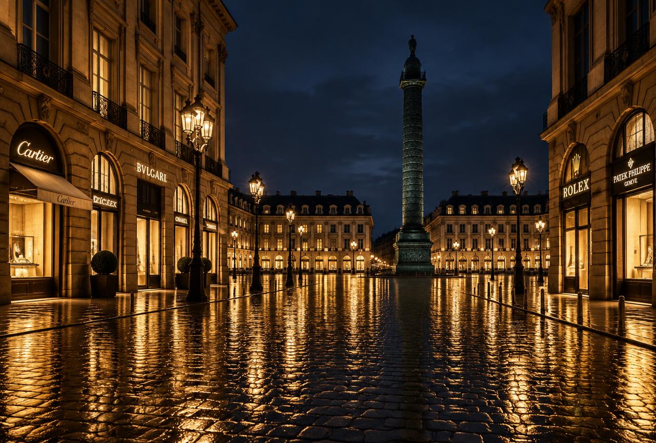 Place Vendôme in Paris at night with illuminated jewellery boutiques reflected on wet cobblestones