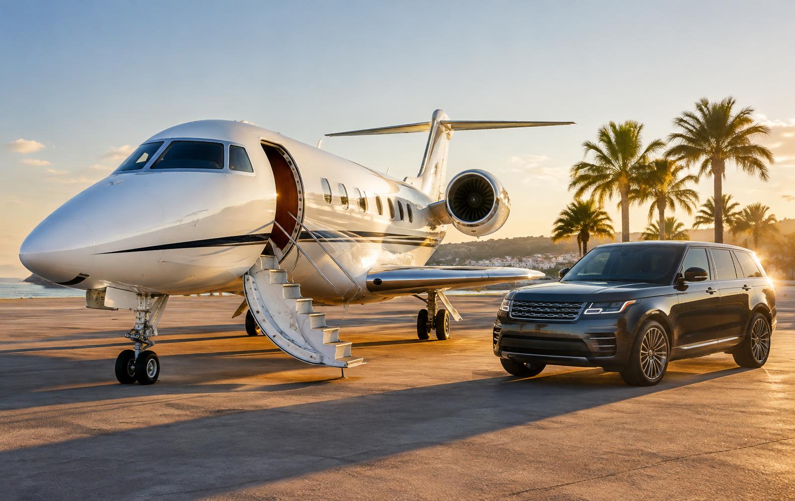 Private jet with a waiting vehicle on a sunlit southern apron