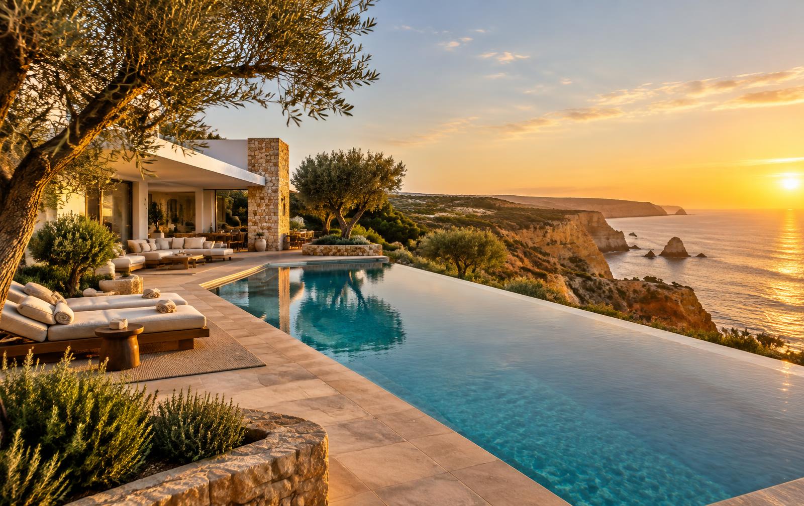 Contemporary Algarve villa with infinity pool above Atlantic cliffs at sunset