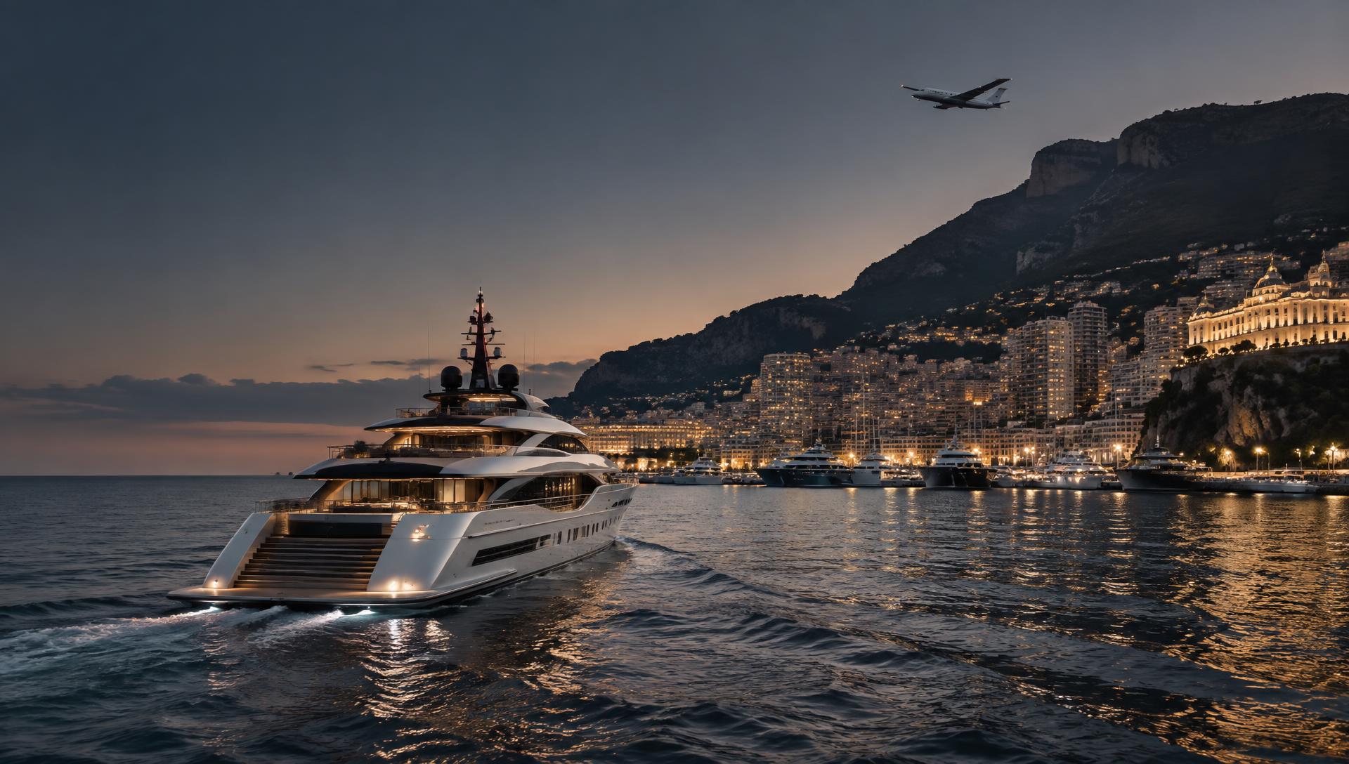 Superyacht arriving in Monaco at dusk