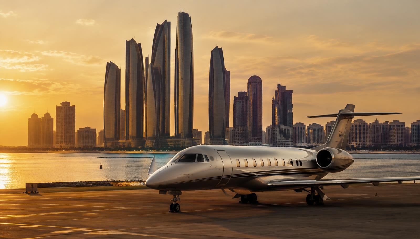 Abu Dhabi skyline at sunset with a private jet on the apron