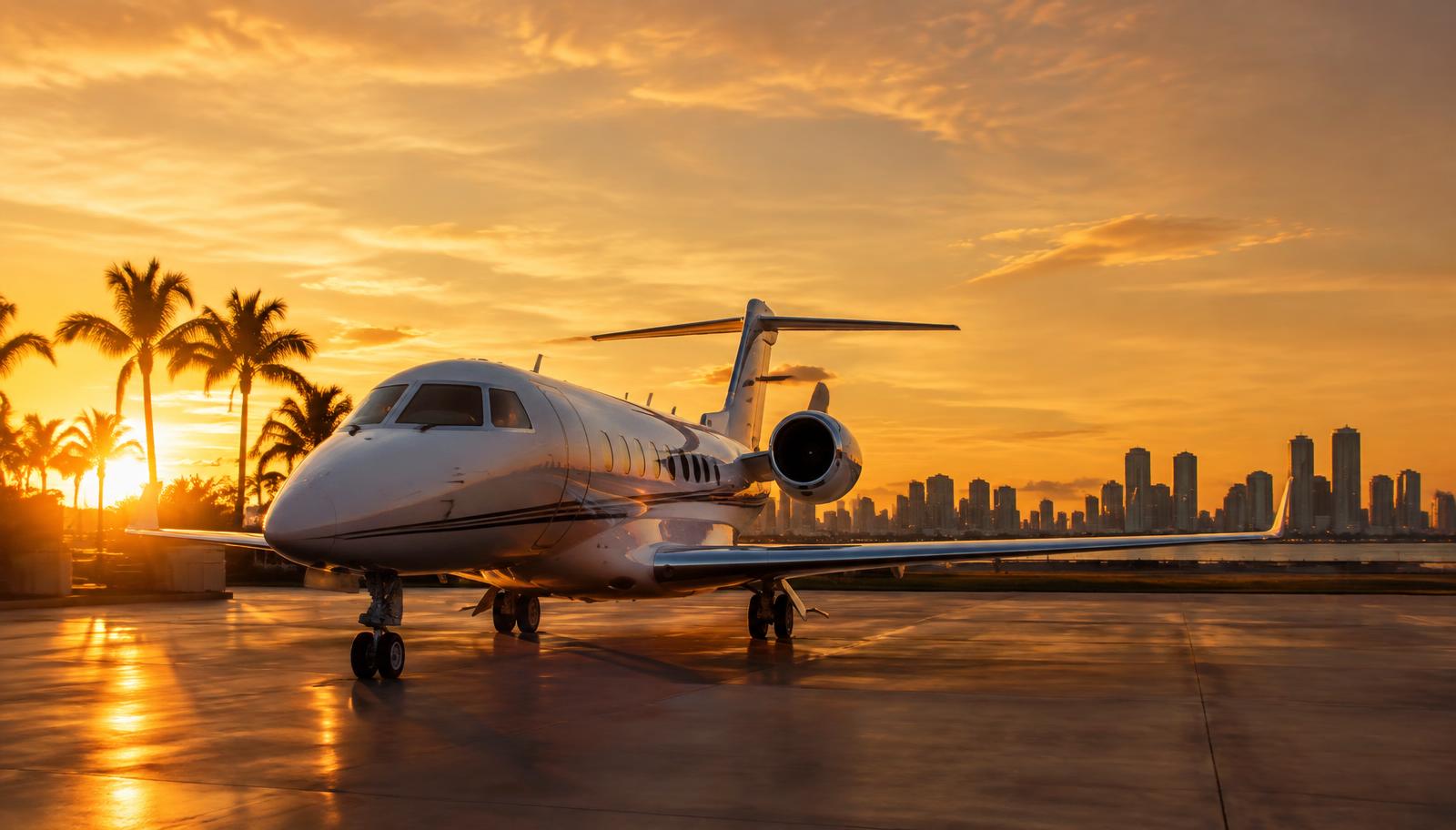 Private jet on a South Florida apron at dusk with the Miami skyline