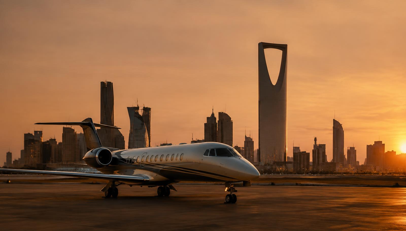 Riyadh skyline at dusk with a private jet on the apron
