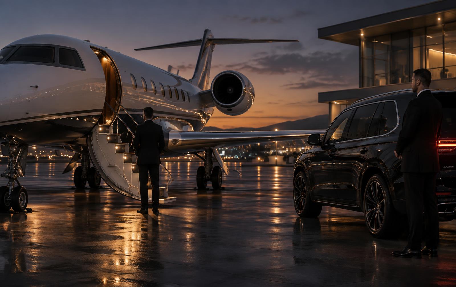 Business jet on the apron with a waiting black SUV and discreet security professional