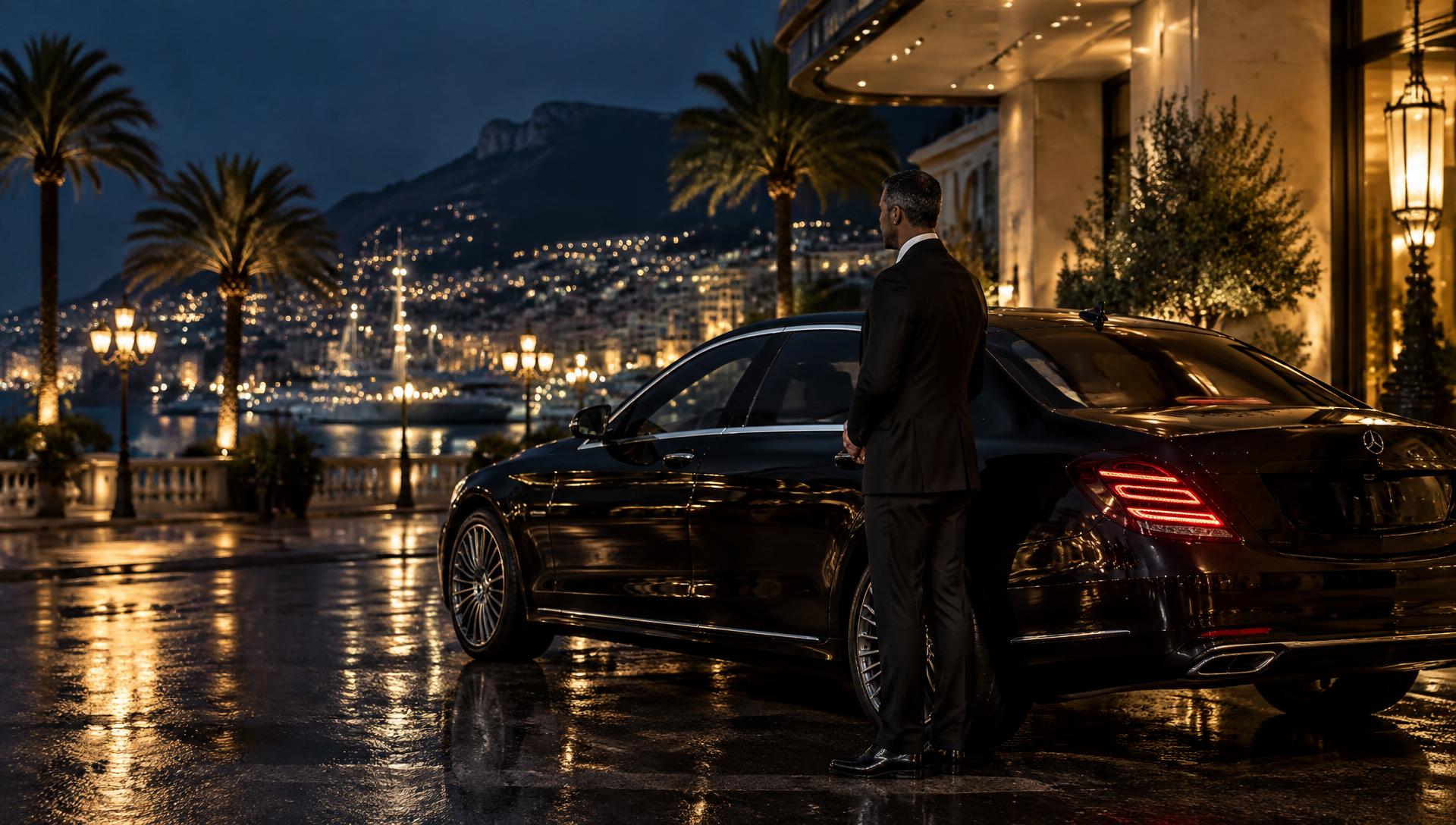 Discreet protection officer beside a black luxury sedan on the French Riviera at night