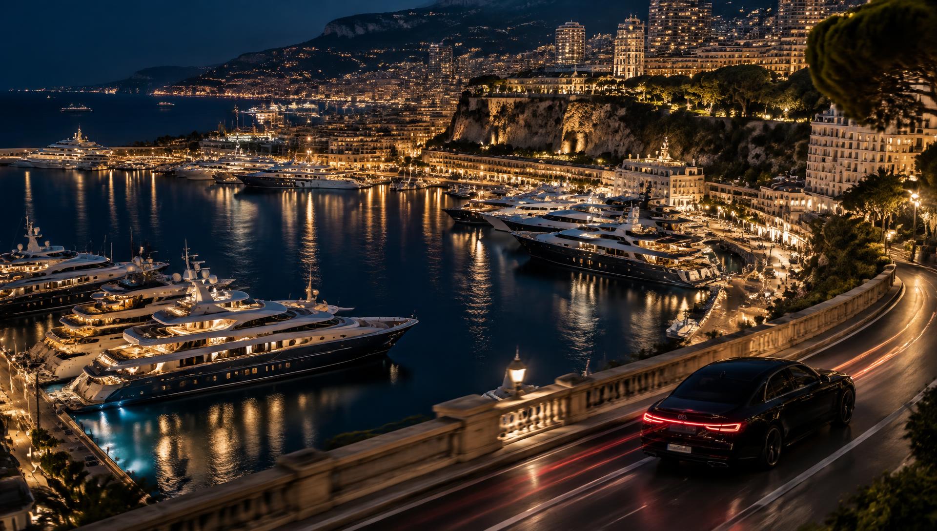 Monaco harbour at night with lit superyachts and a black car on the waterfront road