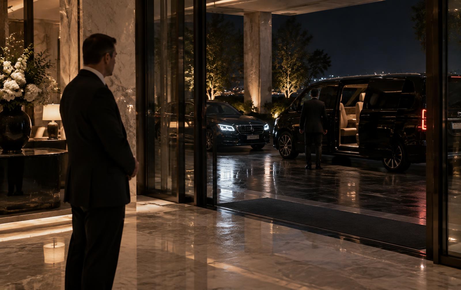 Black luxury van and sedan at a hotel arrival area at night with a discreet protection officer