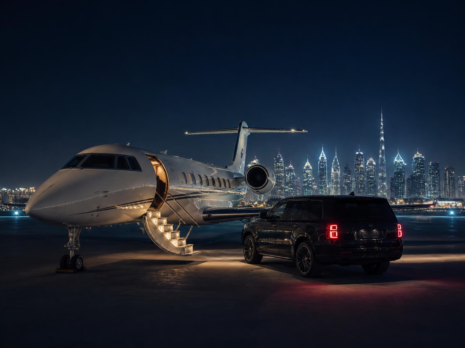 Private jet on a night apron with a black SUV waiting and a Gulf skyline beyond