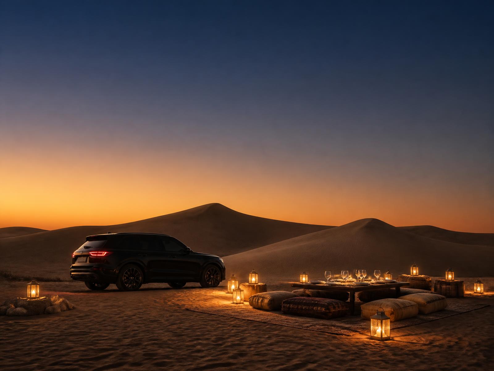 Minimal desert dunes at sunset with a black SUV and a private dining setup