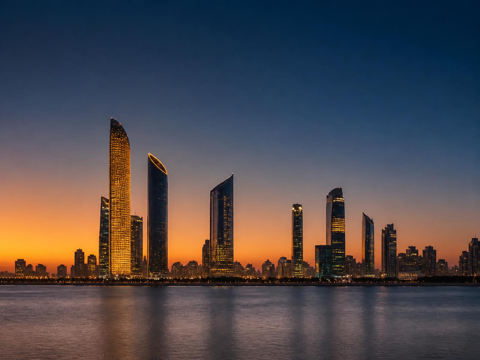 Contemporary Gulf skyline at dusk seen across calm water