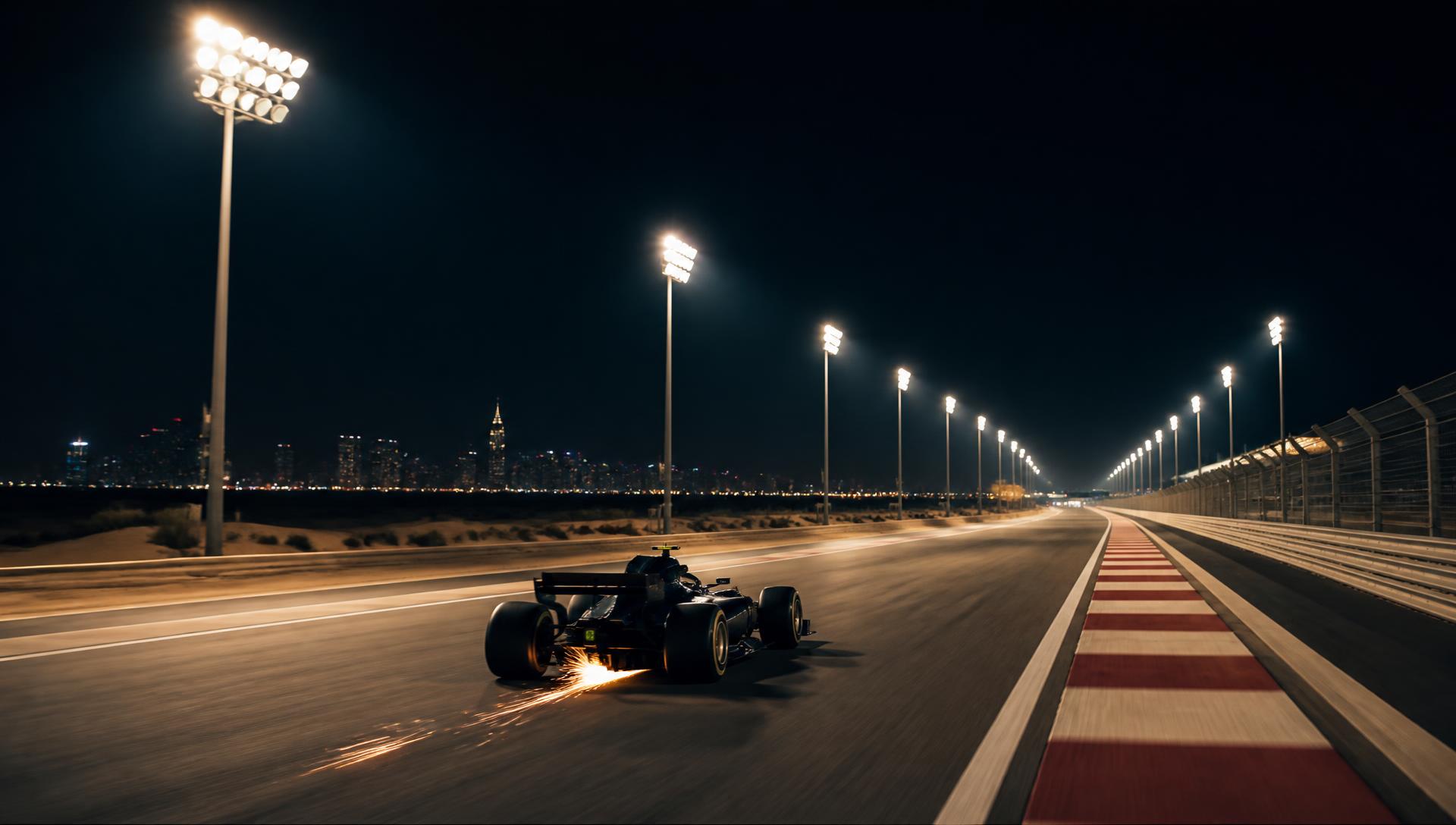Formula-style racing car at speed on a floodlit desert circuit at night