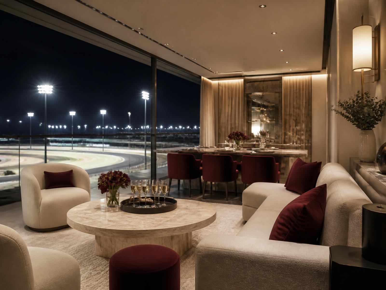 Private hospitality lounge overlooking a floodlit night circuit