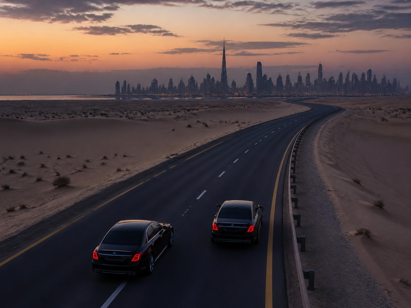 Two black luxury sedans on a desert highway at dusk heading toward a Gulf skyline