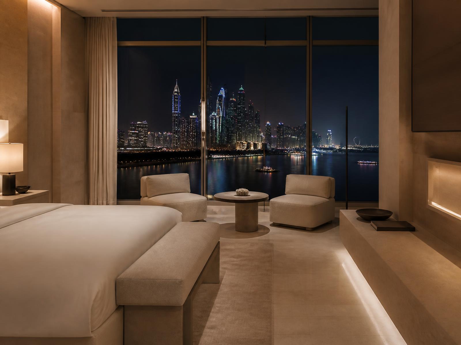 Luxury hotel suite interior at night overlooking a modern Gulf waterfront