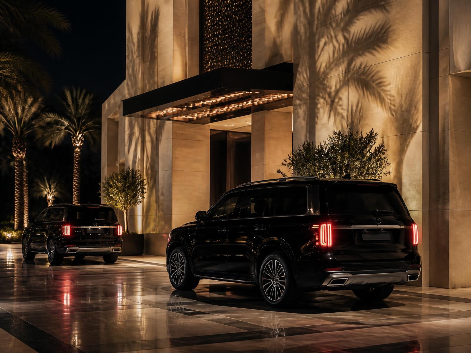 Black luxury SUVs waiting at a lit contemporary hotel entrance at night