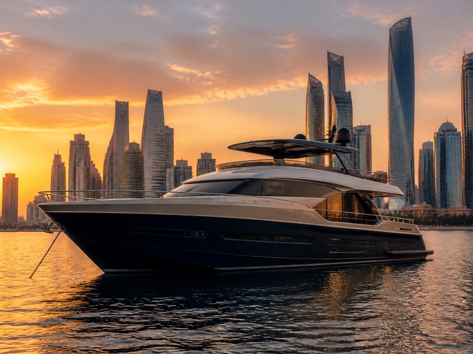 Modern motor yacht on calm Gulf water at sunset with a waterfront skyline